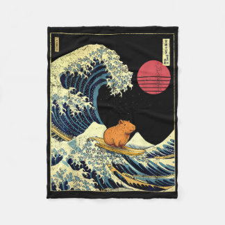 Capybara Japanese Kanagawa Wave Funny Surf Animal  Fleece Blanket