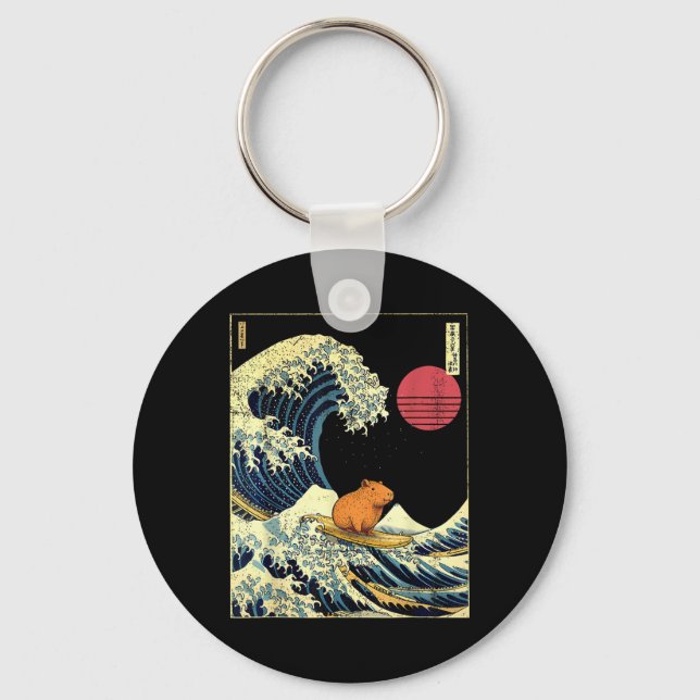 Capybara Japanese Kanagawa Wave Funny Surf Animal  Key Ring (Front)