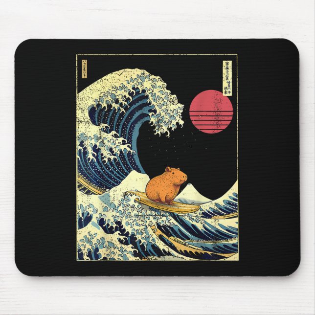 Capybara Japanese Kanagawa Wave Funny Surf Animal  Mouse Mat (Front)