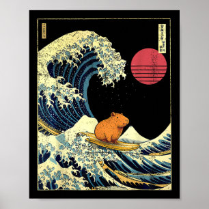 Capybara Japanese Kanagawa Wave Funny Surf Animal Poster