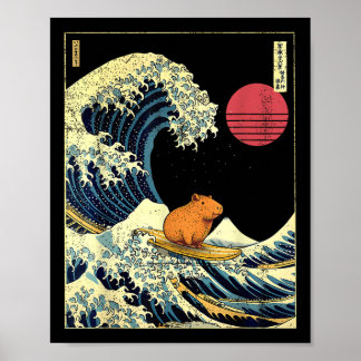 Capybara Japanese Kanagawa Wave Funny Surf Animal  Poster