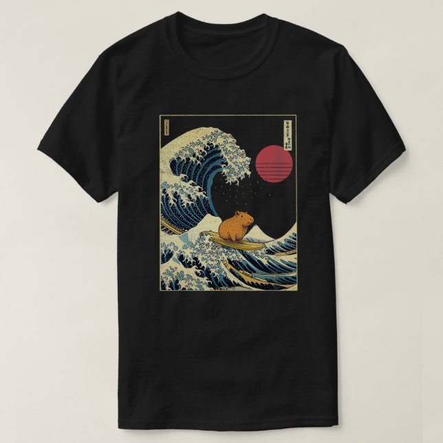 Capybara Japanese Kanagawa Wave Funny Surf Animal  T-Shirt (Design Front)