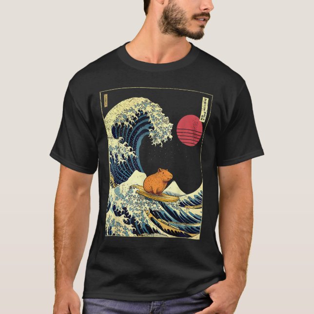 Capybara Japanese Kanagawa Wave Funny Surf Animal  T-Shirt (Front)