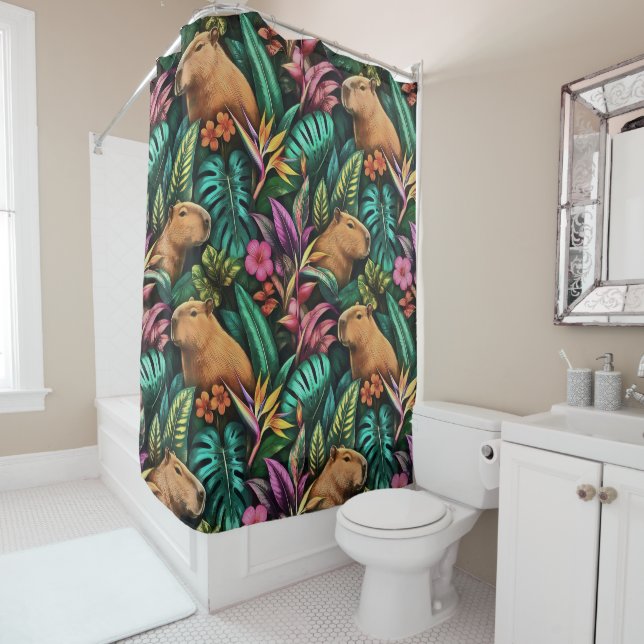 Capybara Jungle Dreams Seamless Surface Pattern Shower Curtain (In Situ)