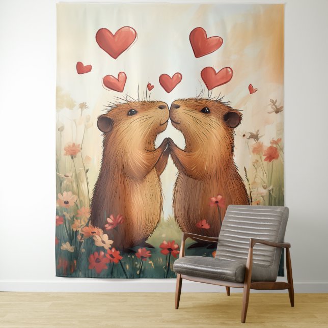 Capybara Love - A Romantic Meadow Moment Tapestry (In Situ)