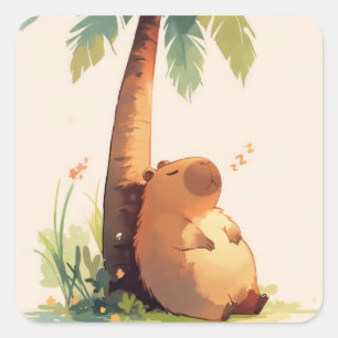 Capybara Napping Under Palm Tree Square Sticker