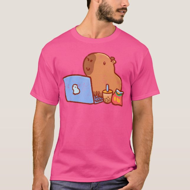 Capybara On A Laptop With Snacks And Drink Capybar T-Shirt (Front)