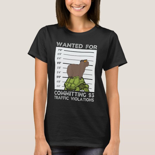 Capybara On Tortoise Wanted Mugshot T-Shirt (Front)