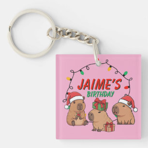 Capybara Pink Christmas Holiday Birthday Key Ring