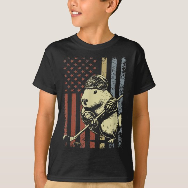 Capybara Playing Hockey American Flag Capybara Hoc T-Shirt (Front)