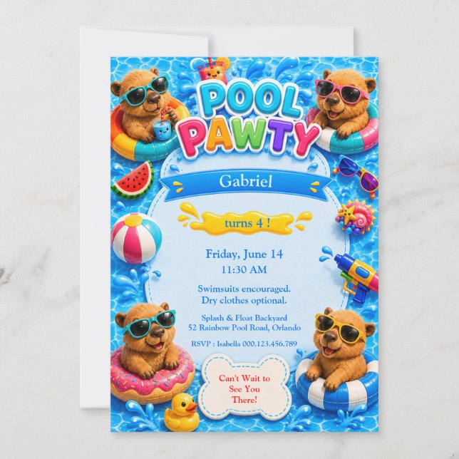 Capybara Pool Party Birthday Invitation (Front)