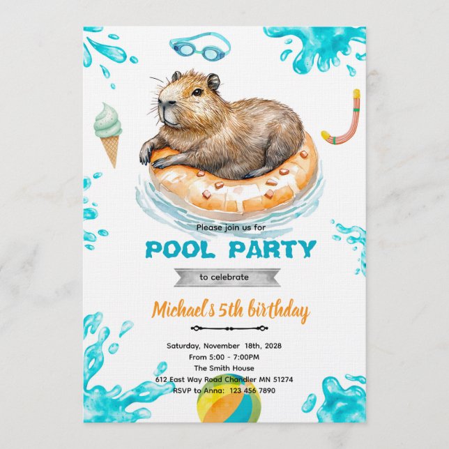 Capybara Pool Party Birthday Invitation (Front)