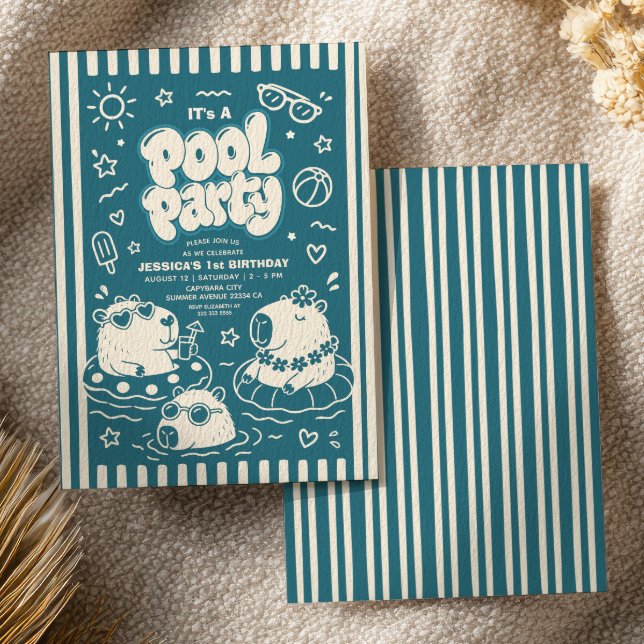 Capybara Pool Party Blue Summer First Birthday Invitation (Creator Uploaded)