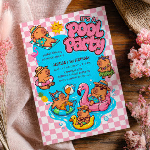 Capybara Pool Party Chequered Pink 1st Birthday Invitation