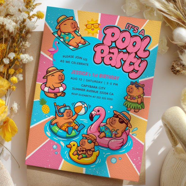Capybara Pool Party Colourful Sunrays 1st Birthday Invitation (Creator Uploaded)