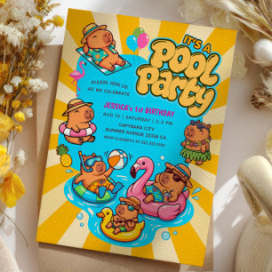 Capybara Pool Party Retro Sunrays 1st Birthday Invitation