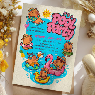 Capybara Pool Party Vibrant Summer 1st Birthday Invitation