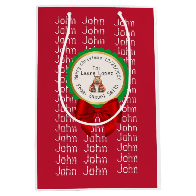 CAPYBARA RED XMAS NAME EDITABLE  MEDIUM GIFT BAG (Front)