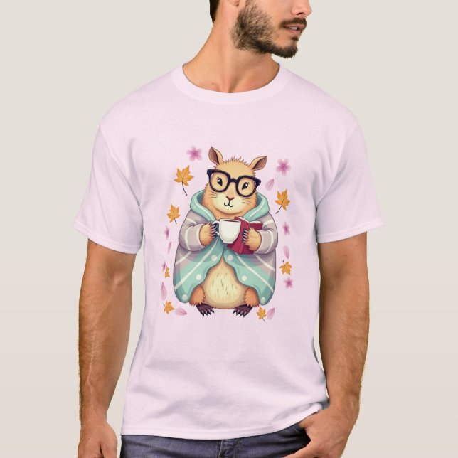 Capybara Riding a Book and Drinking Coffee  Cherry T-Shirt (Front)