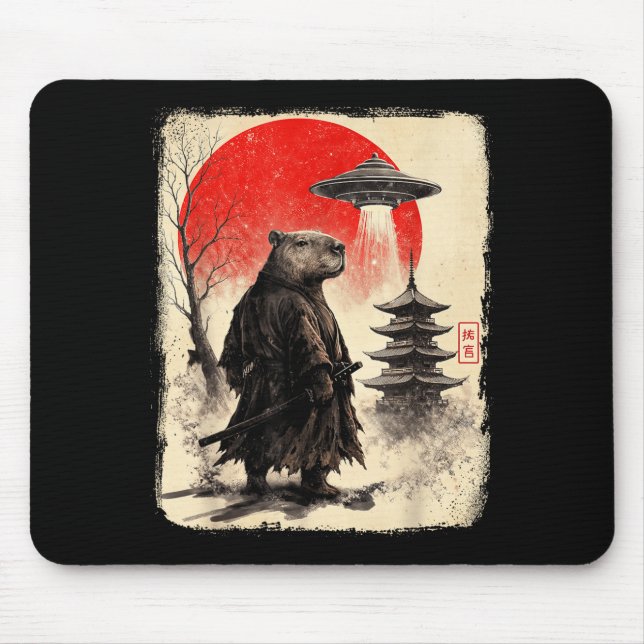 Capybara Samurai Retro Ufo Japanese Warrior Tenshu Mouse Mat (Front)