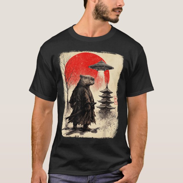 Capybara Samurai Retro Ufo Japanese Warrior Tenshu T-Shirt (Front)