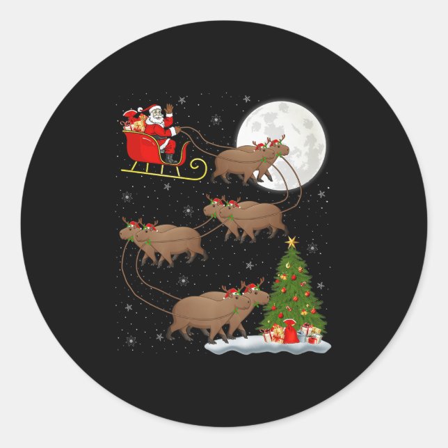 Capybara Santa Sleigh Flying Funny Magical Christm Classic Round Sticker (Front)