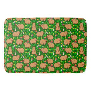 Capybara Sketch with Spring Flowers on Green Bath Mat