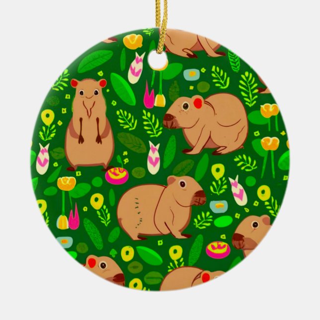 Capybara Sketch with Spring Flowers on Green Ceramic Tree Decoration (Front)
