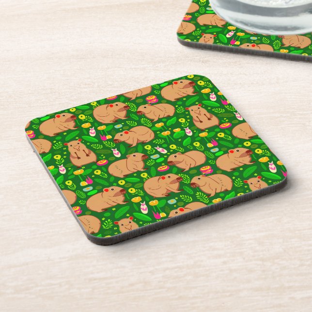 Capybara Sketch with Spring Flowers on Green Coaster (Left Side)