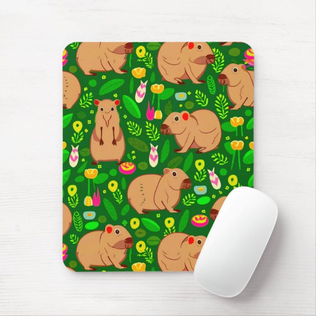 Capybara Sketch with Spring Flowers on Green Mouse Mat (With Mouse)