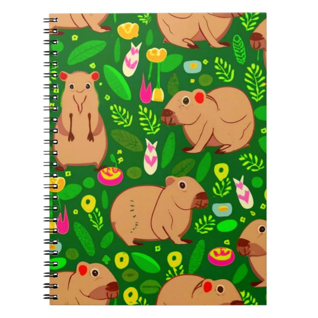 Capybara Sketch with Spring Flowers on Green Notebook (Front)