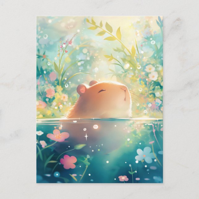 Capybara Swimming in Magical Wildflower Pond Postcard (Front)