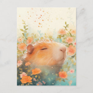 Capybara Swimming in Peach Wildflower Pond Postcard