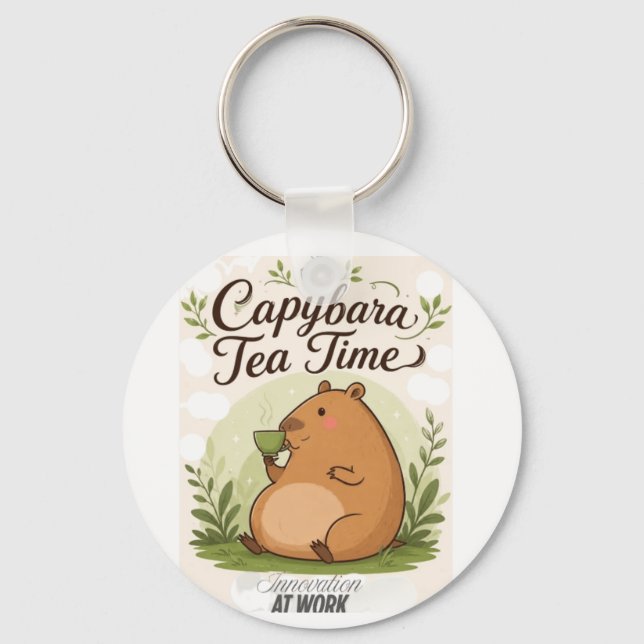 Capybara Tea Time | Cute Capybara Drinking Tea Fun Key Ring (Front)