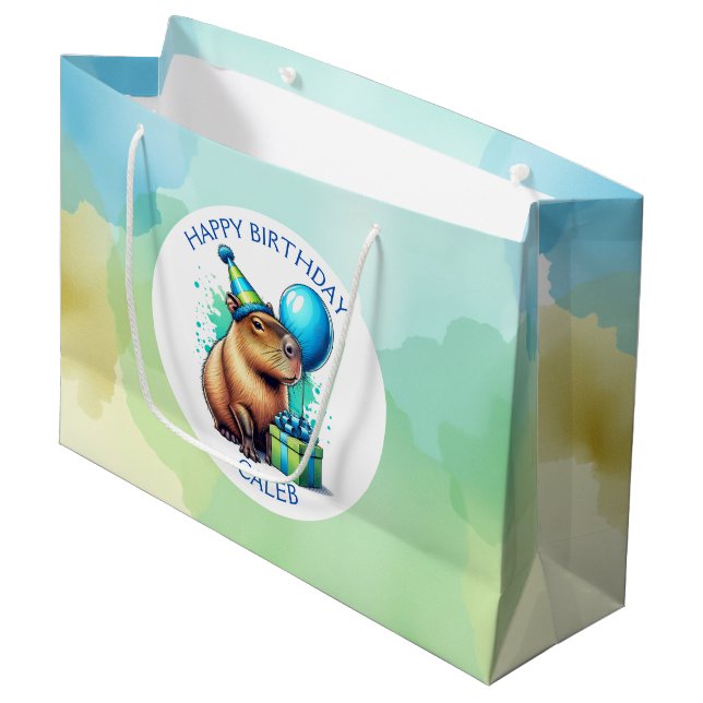  Capybara Themed Boy's Birthday Party Personalised Large Gift Bag (Front Angled)