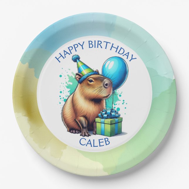  Capybara Themed Boy's Birthday Party Personalised Paper Plate (Front)
