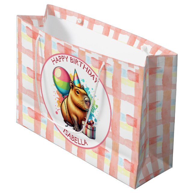 Capybara themed Girl's Birthday Party Large Gift Bag (Front Angled)
