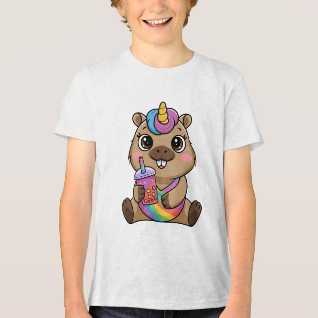 Capybara Unicorn Float Enjoying Bubble Tea unique Tri-Blend Shirt (Front)