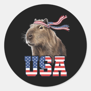 Capybara Usa Patriotic American Flag Men Women Kid Classic Round Sticker