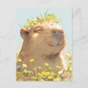 Capybara with Green Wildflower Crown in Meadow Postcard