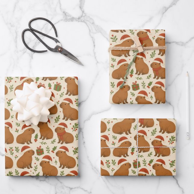 Capybaras at Christmas Wrapping Paper Sheet (Front)