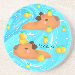 Capybaras In Water With Oranges Coaster
