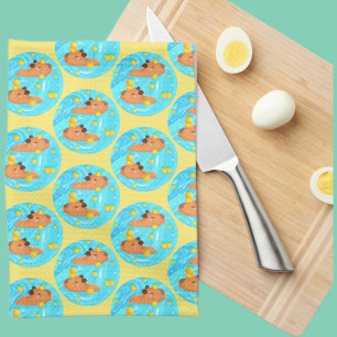 Capybaras In Water With Oranges Tea Towel