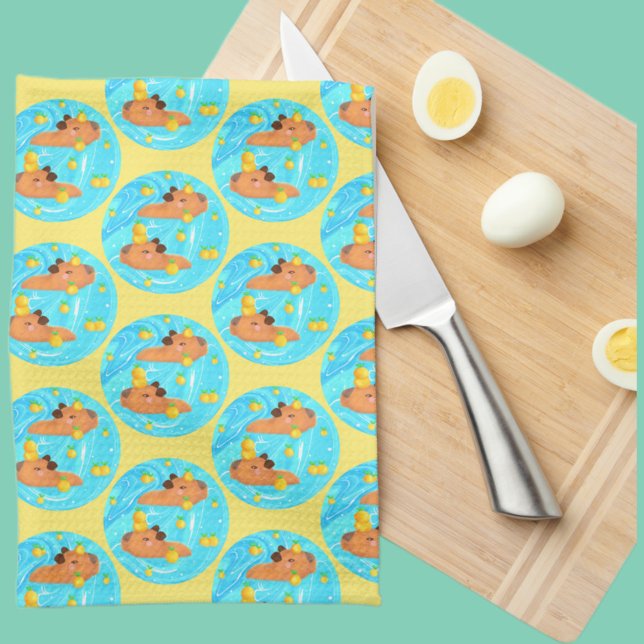 Capybaras In Water With Oranges Tea Towel (Creator Uploaded)