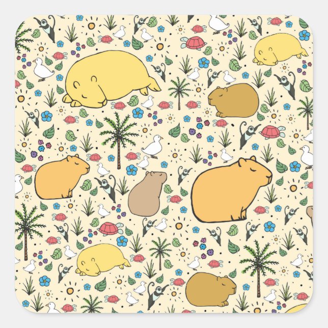 Capybaras in Yellow Square Sticker (Front)