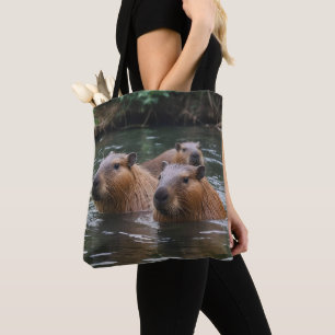 Capybaras' Swimming In The River, Tote Bag