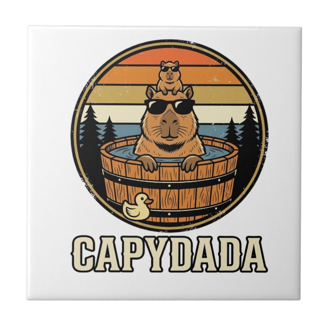 Capydada Capybara Dad Retro Hot Tub Vector Design_ Tile (Front)