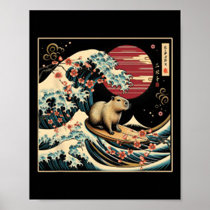 Capyra Waving Surfing Japanese Art Greatwave Sunse Poster