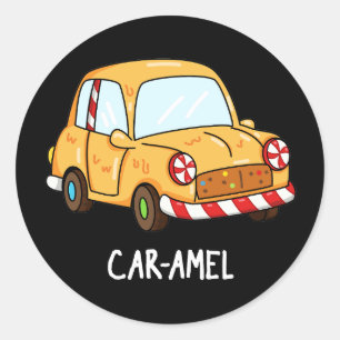 Car-amel Funny Candy Car Pun Dark BG Classic Round Sticker