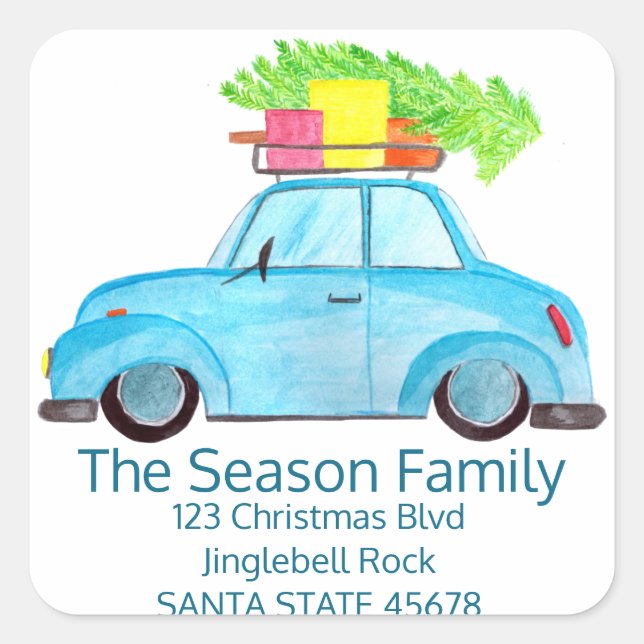 Car and Christmas tree address Square Sticker (Front)